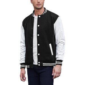 Men's Varsity Jacket Slim Cotton Letterman Baseball Bomber Jackets Black White